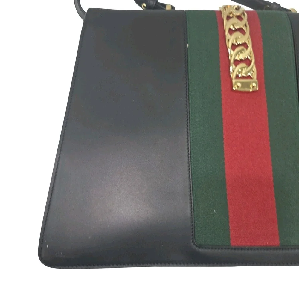 Gucci Sylvie 1969 leather handbag Maxi Size Black Striped Red Green Gold Chain